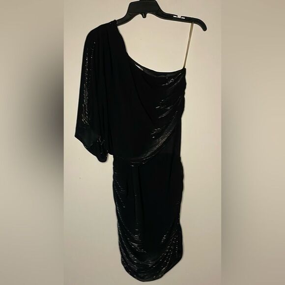 Umgee- Black One Shoulder Ruched Subtle Metallic Stripe Cocktail Dress- Size L - Picture 1 of 8